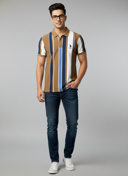 U.S. Polo Assn. Men’s Brown Vertical Stripe Polo T-Shirt | Cotton Regular Fit