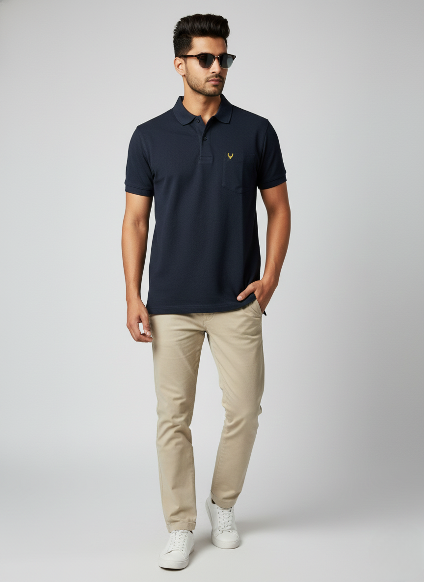 Allen Solly Men’s Navy Blue Solid Polo T-Shirt | Cotton Regular Fit