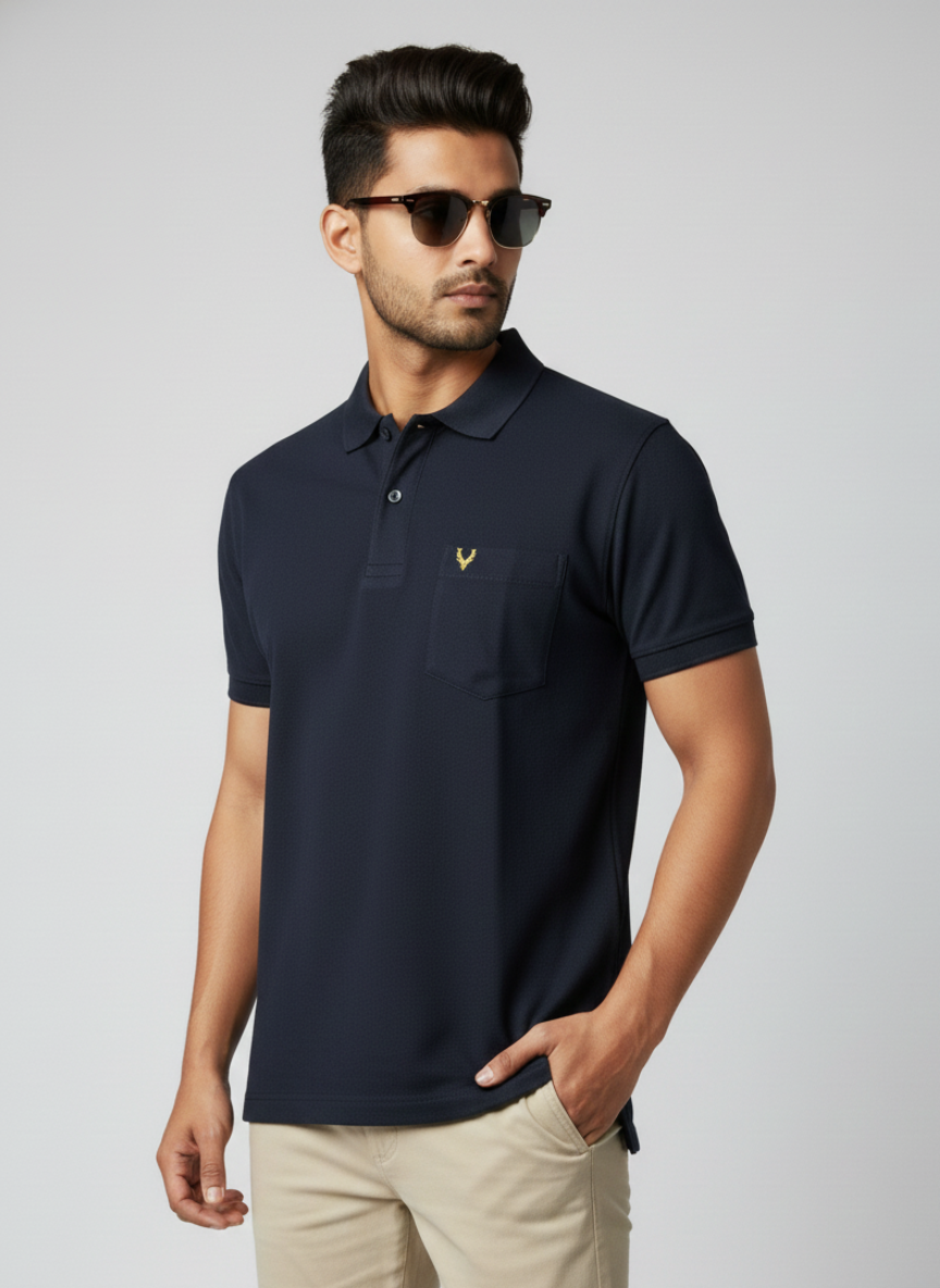 Allen Solly Men’s Navy Blue Solid Polo T-Shirt | Cotton Regular Fit