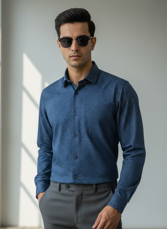 Rare Rabbit Men's Micro Dot Print Shirt (Navy Blue)