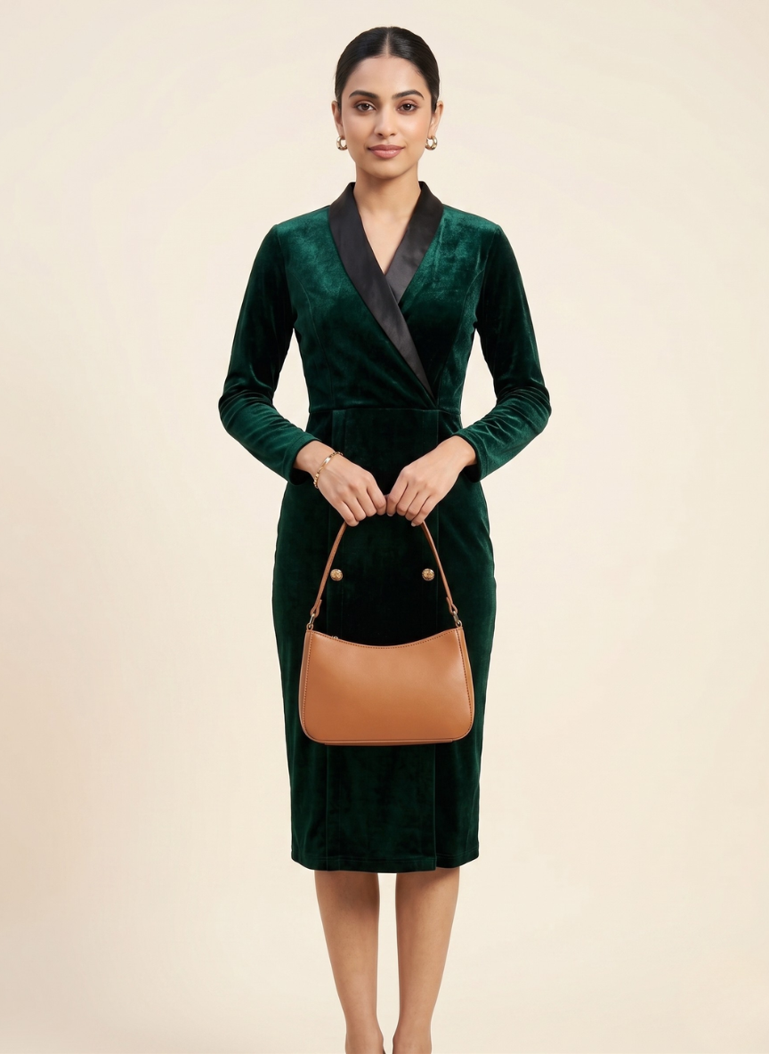 JC Collection Women’s Green Velvet Sheath Dress with Gold Buttons
