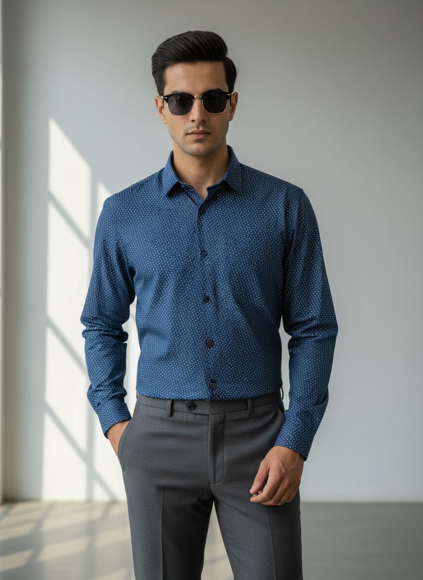 Rare Rabbit Men's Micro Dot Print Shirt (Navy Blue)