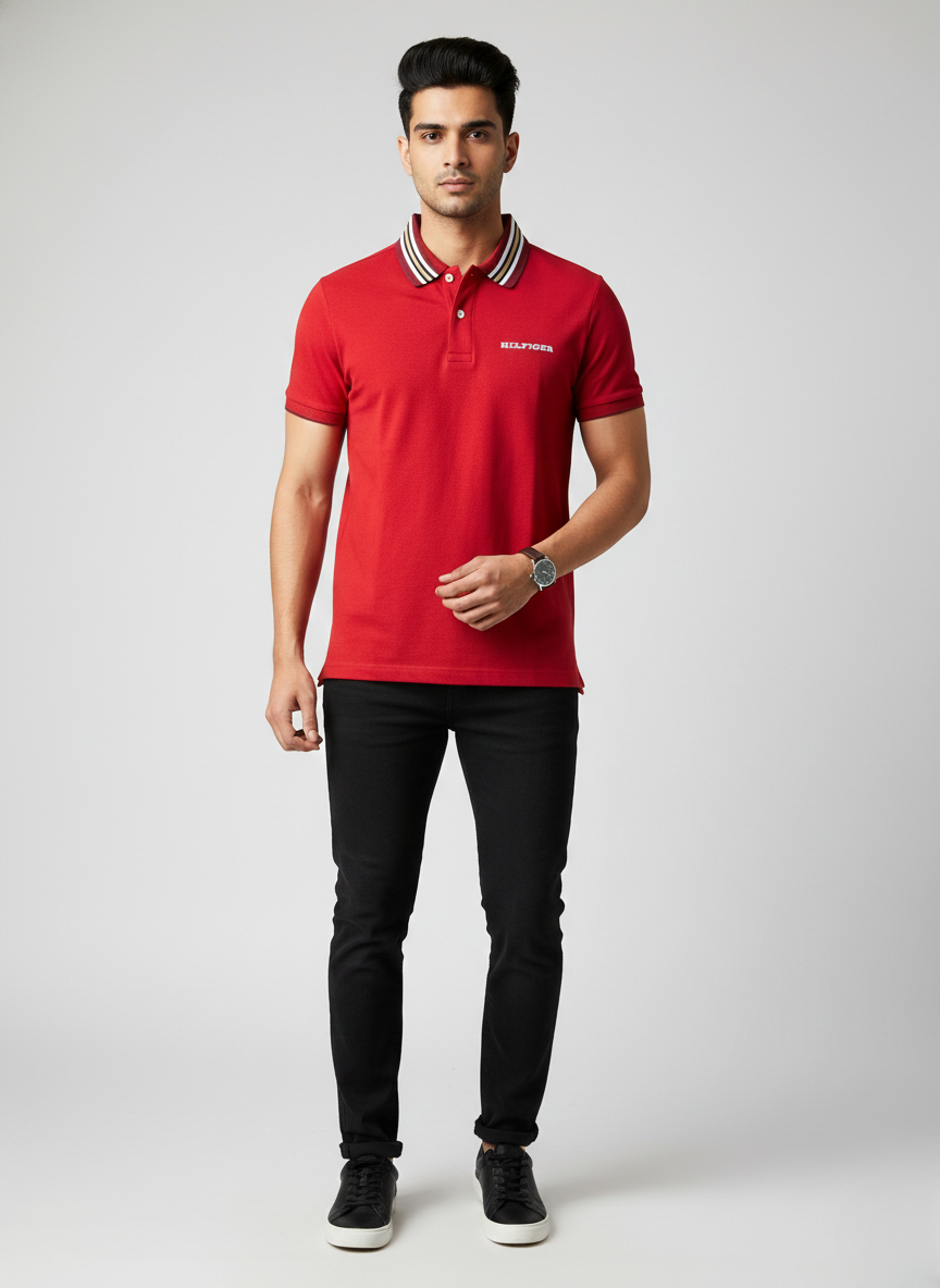 Tommy Hilfiger Men’s Red Polo T-Shirt with Striped Collar