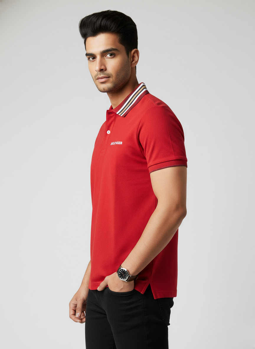 Tommy Hilfiger Men’s Red Polo T-Shirt with Striped Collar