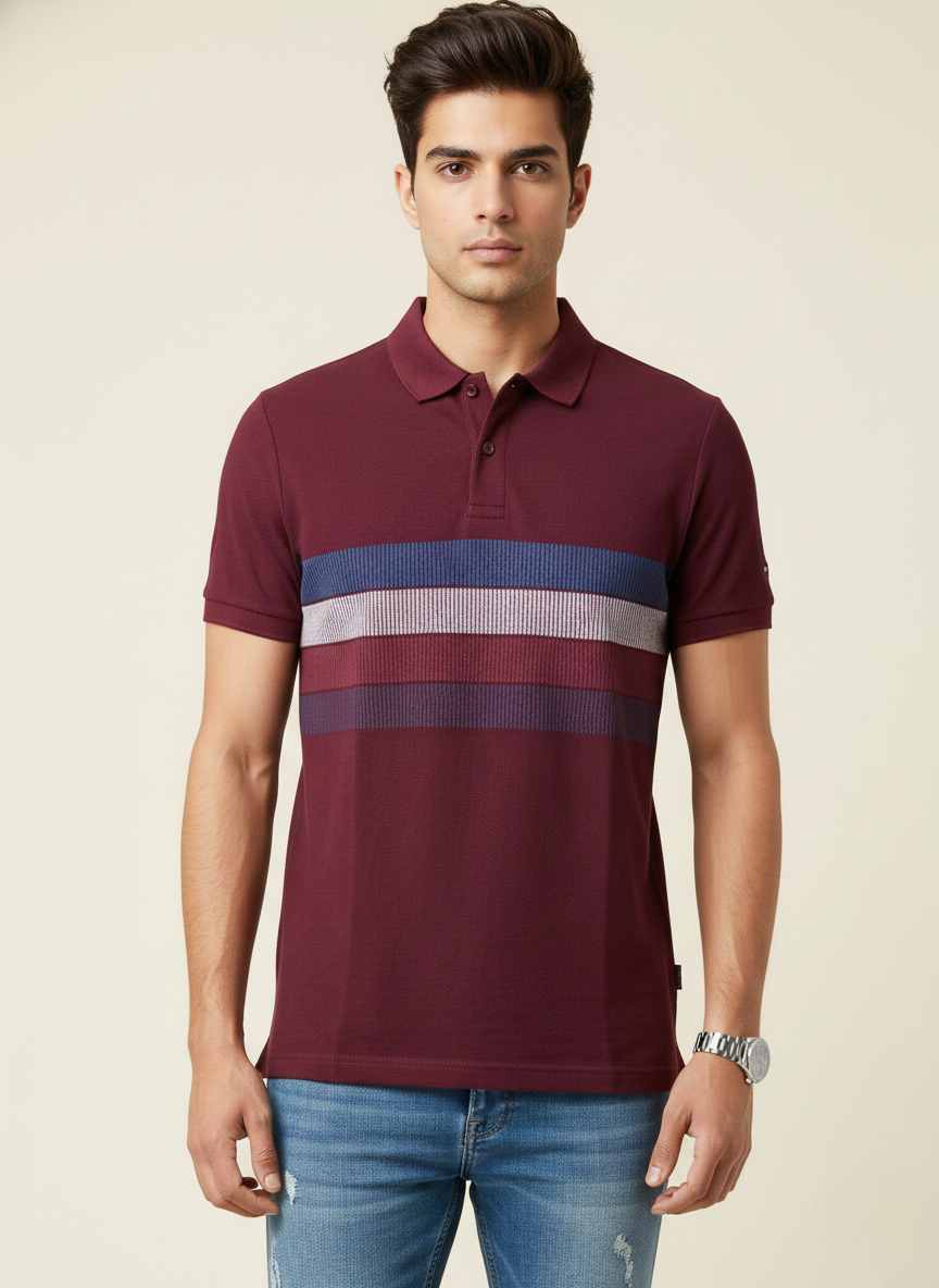 Tommy Hilfiger Men’s Deep Rouge Striped Polo T-Shirt