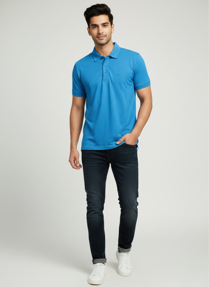 Rare Rabbit Men’s Striped Polo T-Shirt – Blue | Premium Cotton Stretch Fit