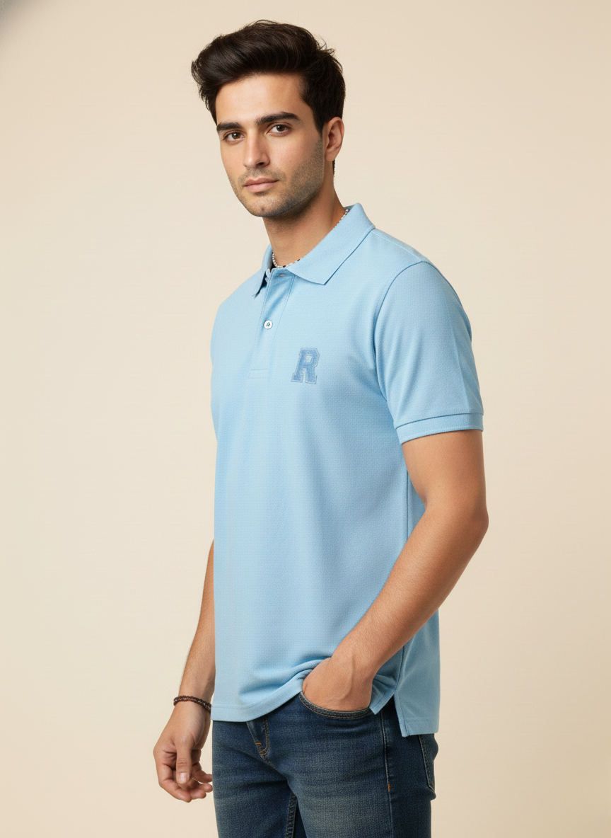 Rare Rabbit Men’s Solid Polo T-Shirt – Sky Blue | Premium Cotton Piqué