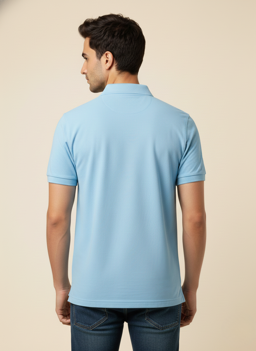 Rare Rabbit Men’s Solid Polo T-Shirt – Sky Blue | Premium Cotton Piqué