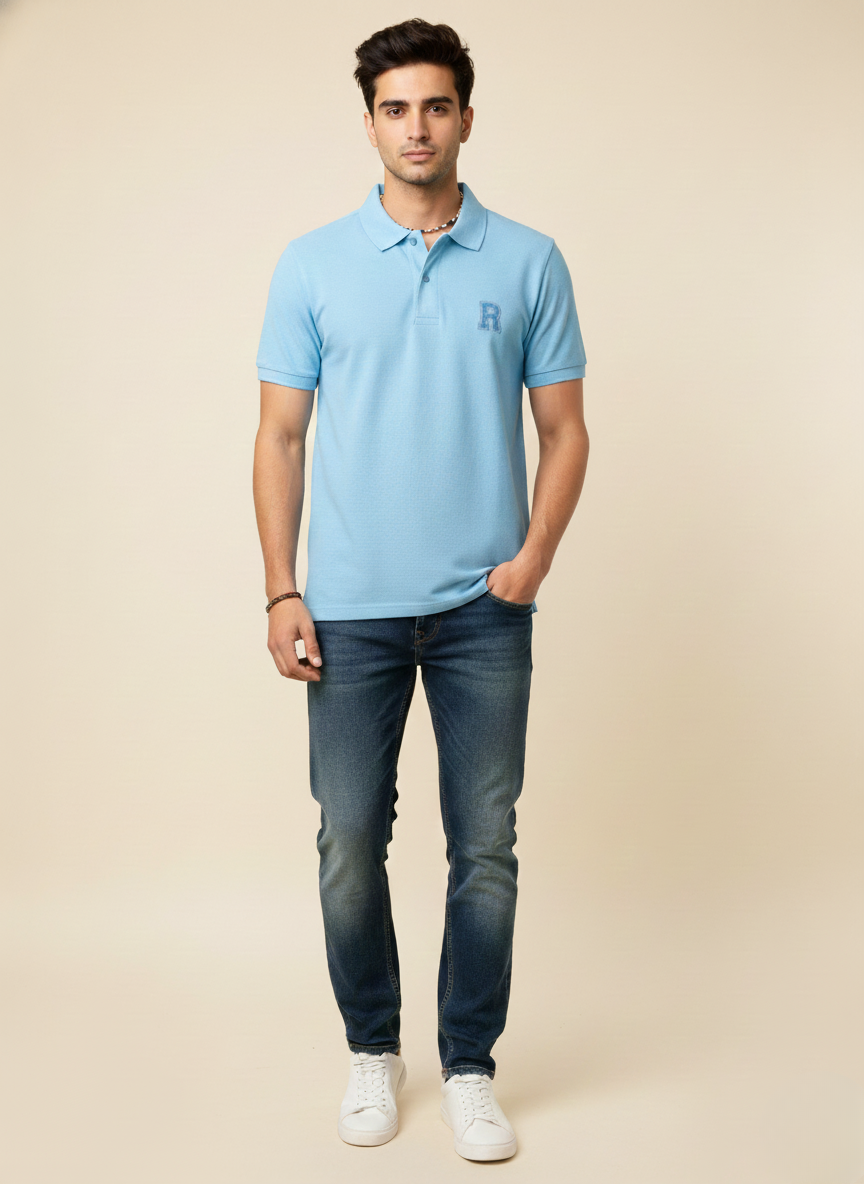 Rare Rabbit Men’s Solid Polo T-Shirt – Sky Blue | Premium Cotton Piqué