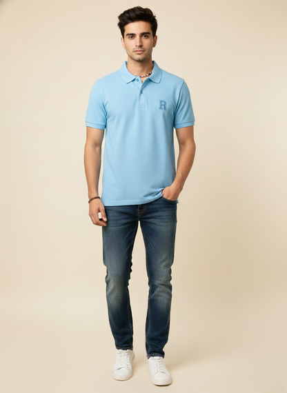Rare Rabbit Men’s Solid Polo T-Shirt – Sky Blue | Premium Cotton Piqué