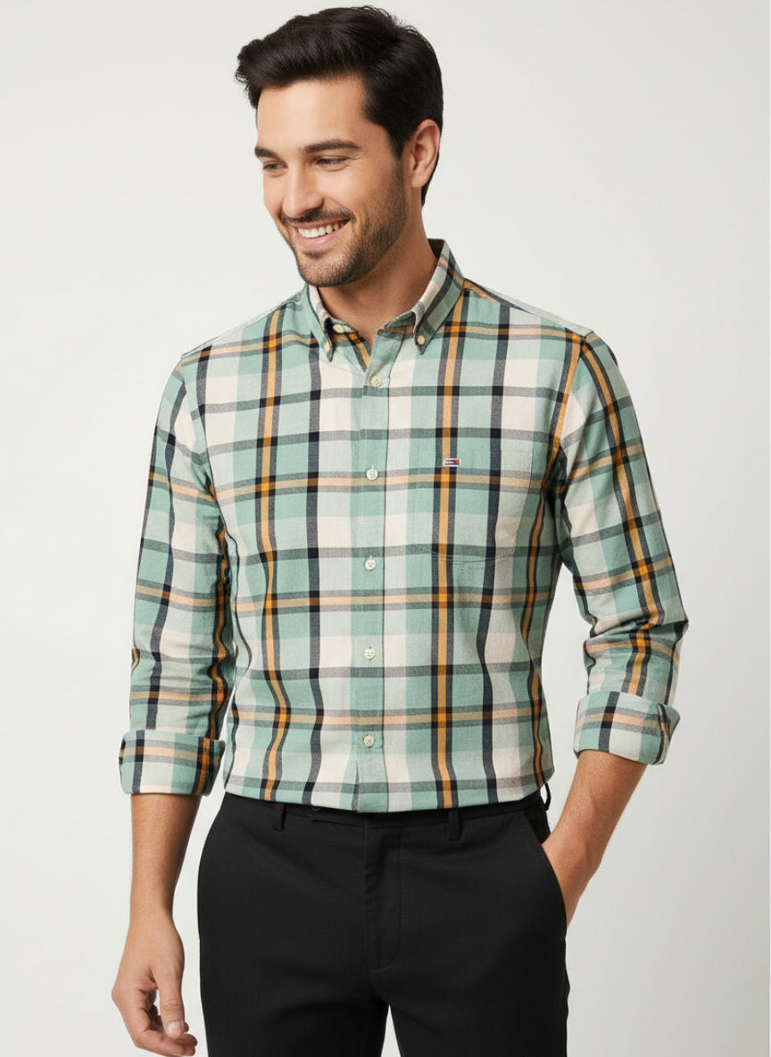 Tommy Hilfiger Men’s Button-Down Plaid Shirt –  Check (Mint Green)