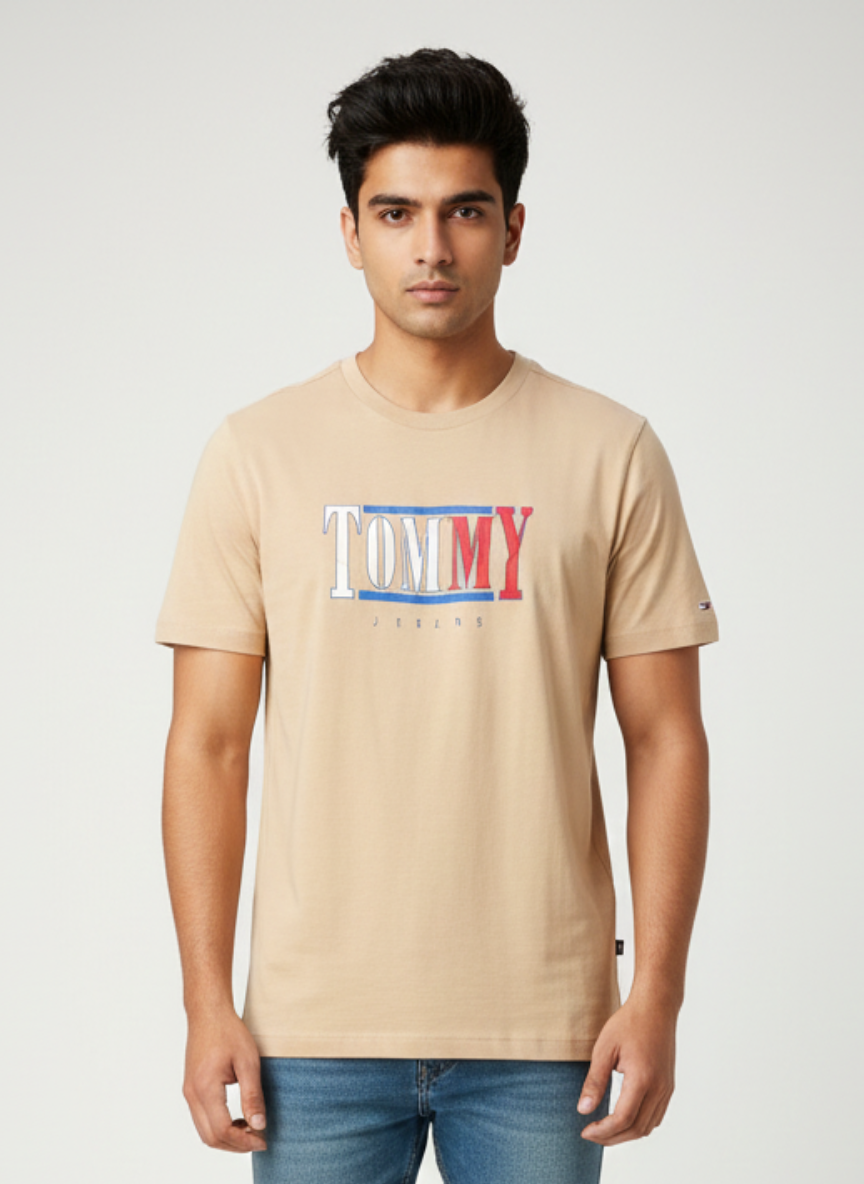 Tommy Jeans Unisex Beige Centered Logo Premium Cotton T-Shirt