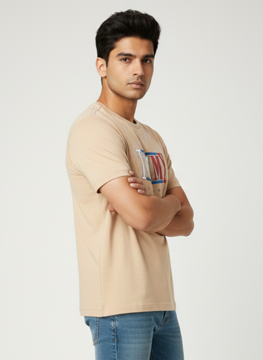 Tommy Jeans Unisex Beige Centered Logo Premium Cotton T-Shirt