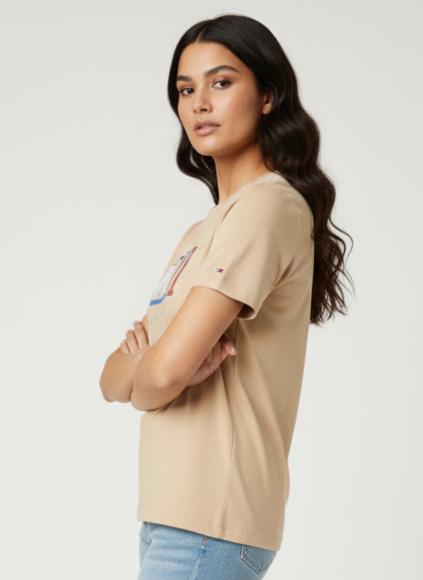 Tommy Jeans Unisex Beige Centered Logo Premium Cotton T-Shirt