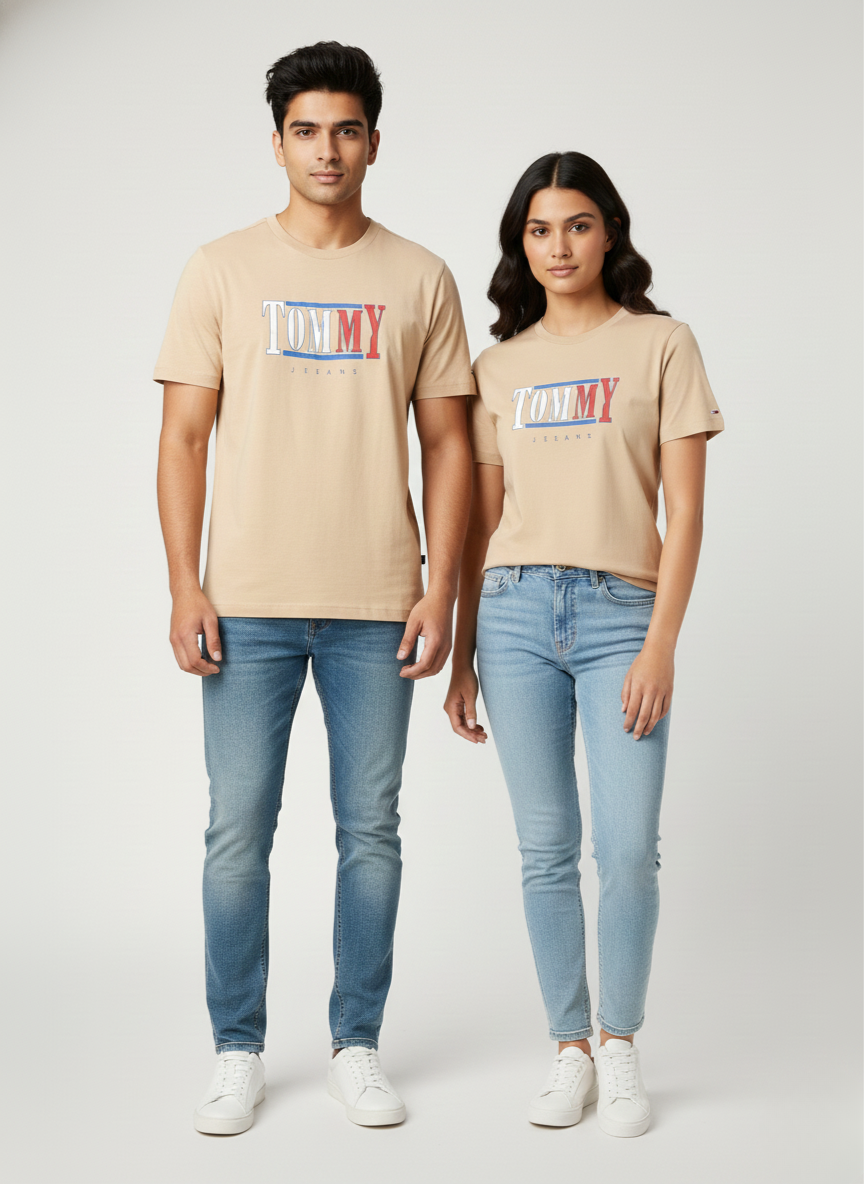 Tommy Jeans Unisex Beige Centered Logo Premium Cotton T-Shirt