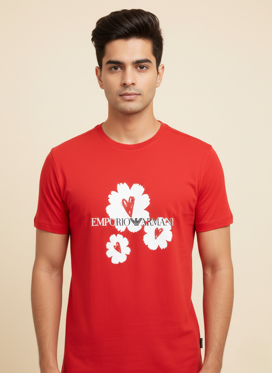 Emporio Armani Unisex Red Floral Logo Print Premium Cotton T-Shirt