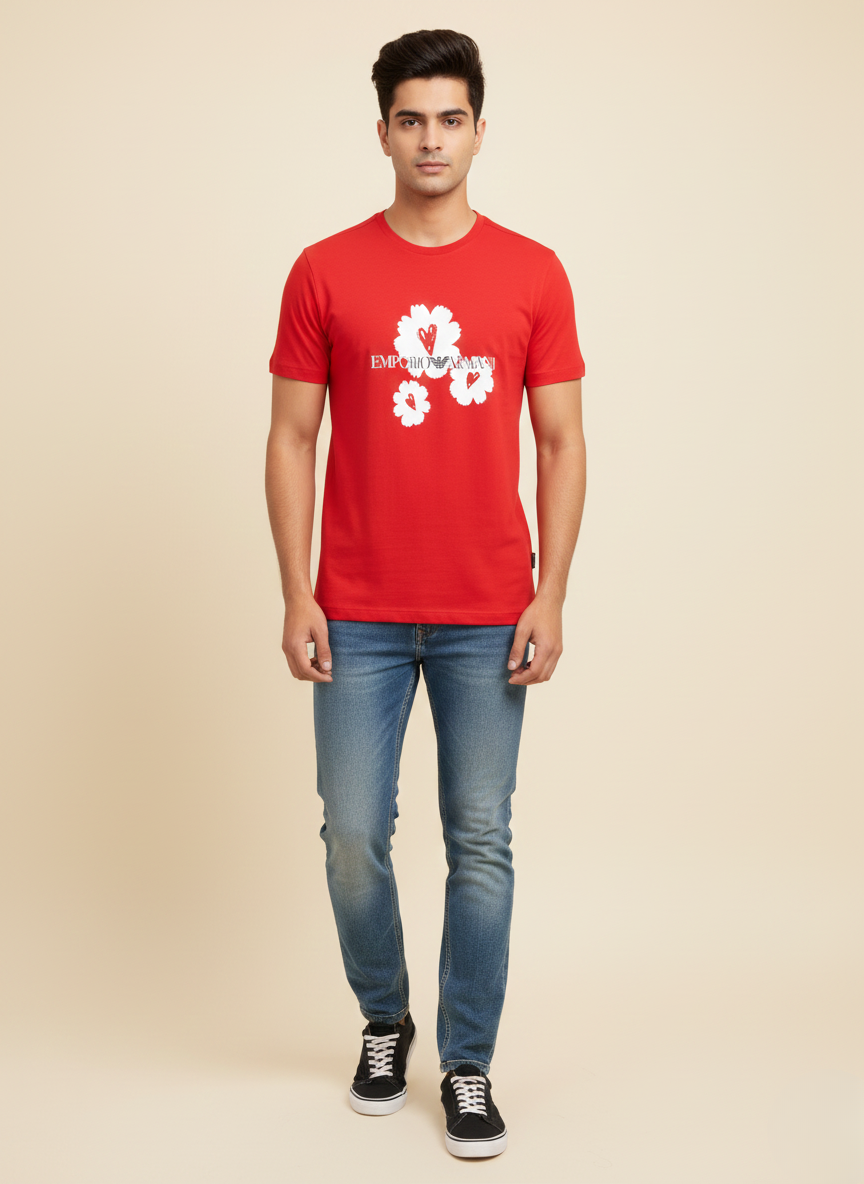 Emporio Armani Unisex Red Floral Logo Print Premium Cotton T-Shirt