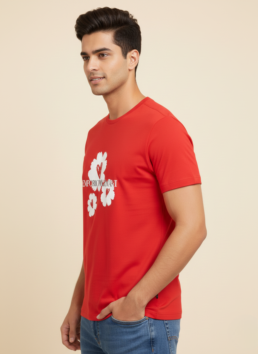 Emporio Armani Unisex Red Floral Logo Print Premium Cotton T-Shirt