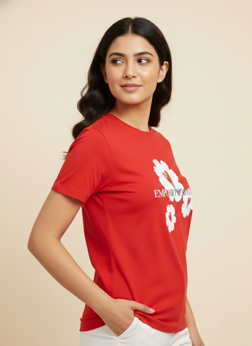 Emporio Armani Unisex Red Floral Logo Print Premium Cotton T-Shirt