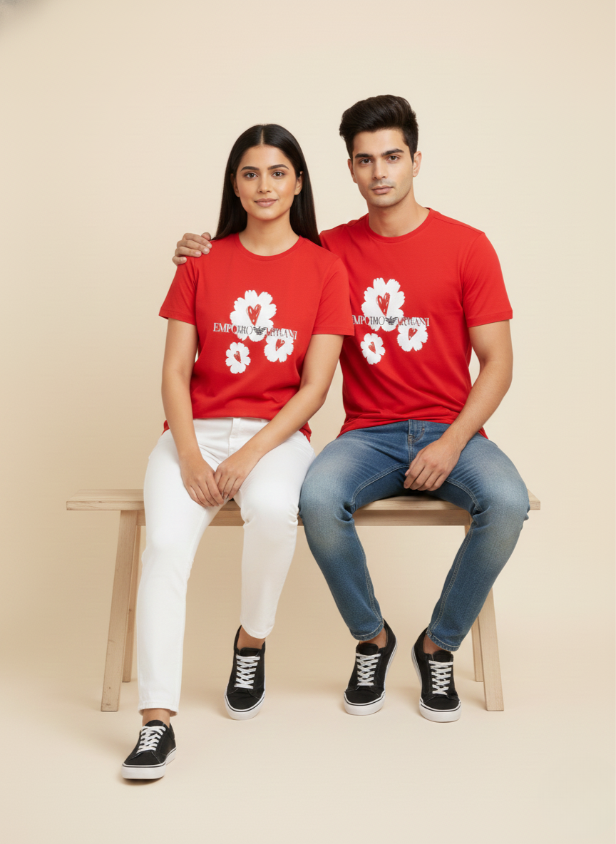 Emporio Armani Unisex Red Floral Logo Print Premium Cotton T-Shirt