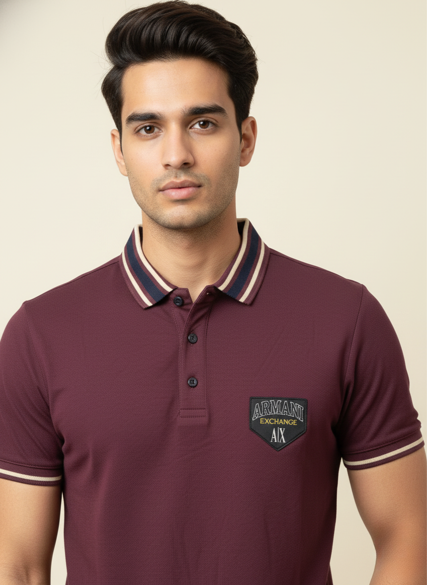 Armani Exchange Men’s Maroon Polo T-Shirt with Logo Patch | Premium Cotton