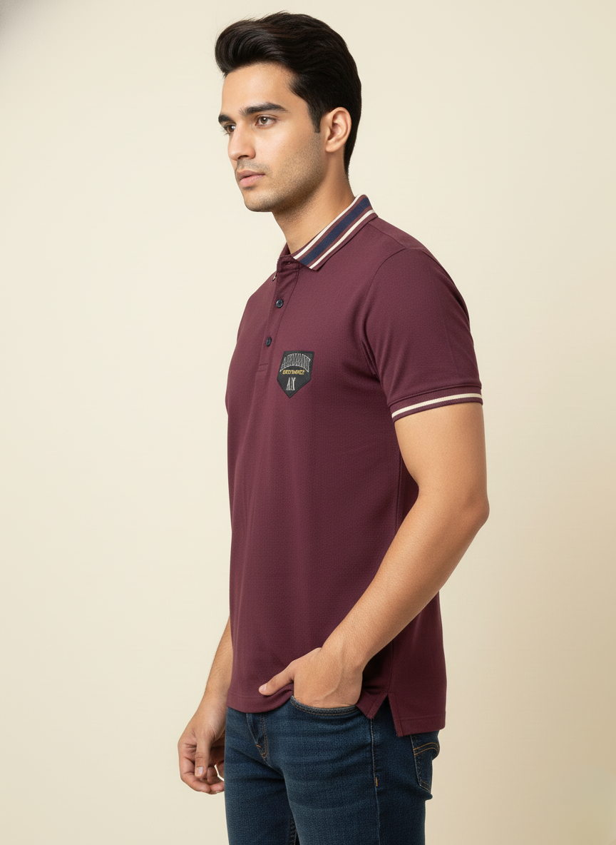 Armani Exchange Men’s Maroon Polo T-Shirt with Logo Patch | Premium Cotton