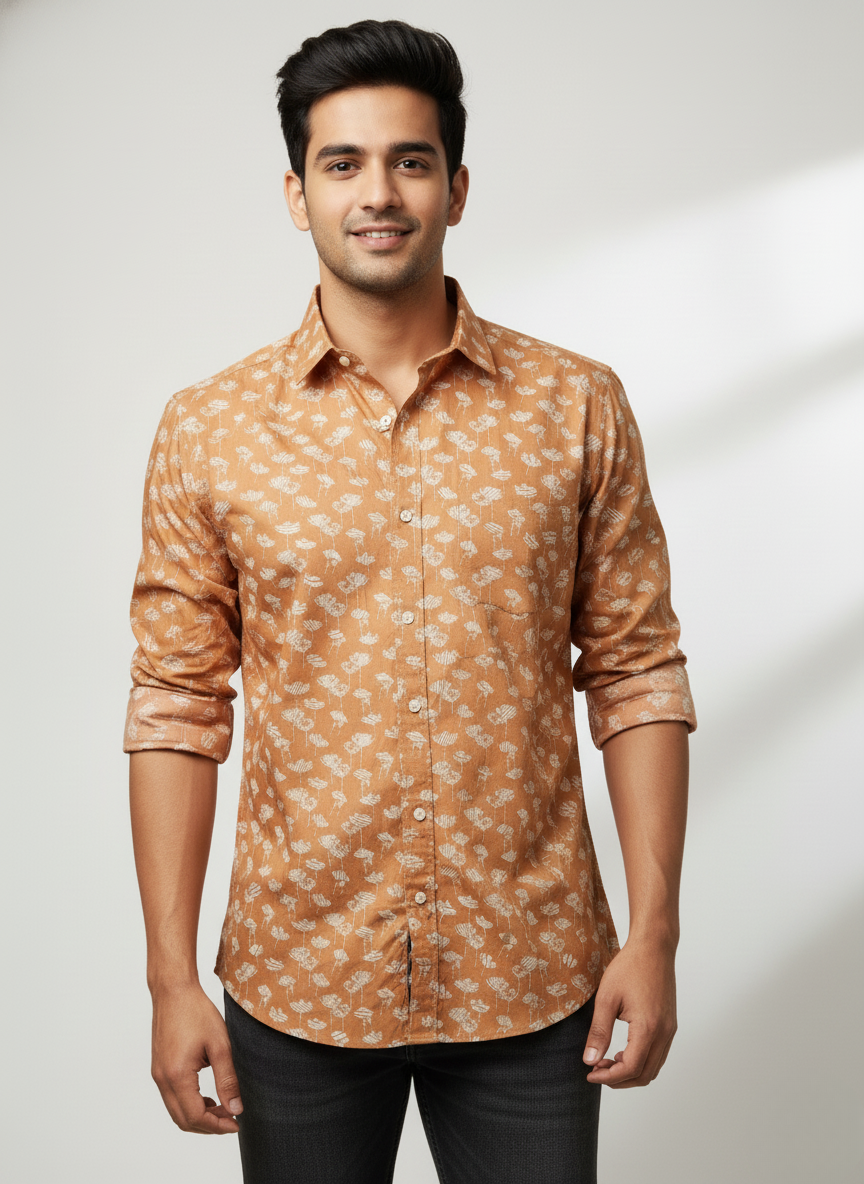 Rare Rabbit Alkaline Floral Print Shirt (Rust Brown & White)