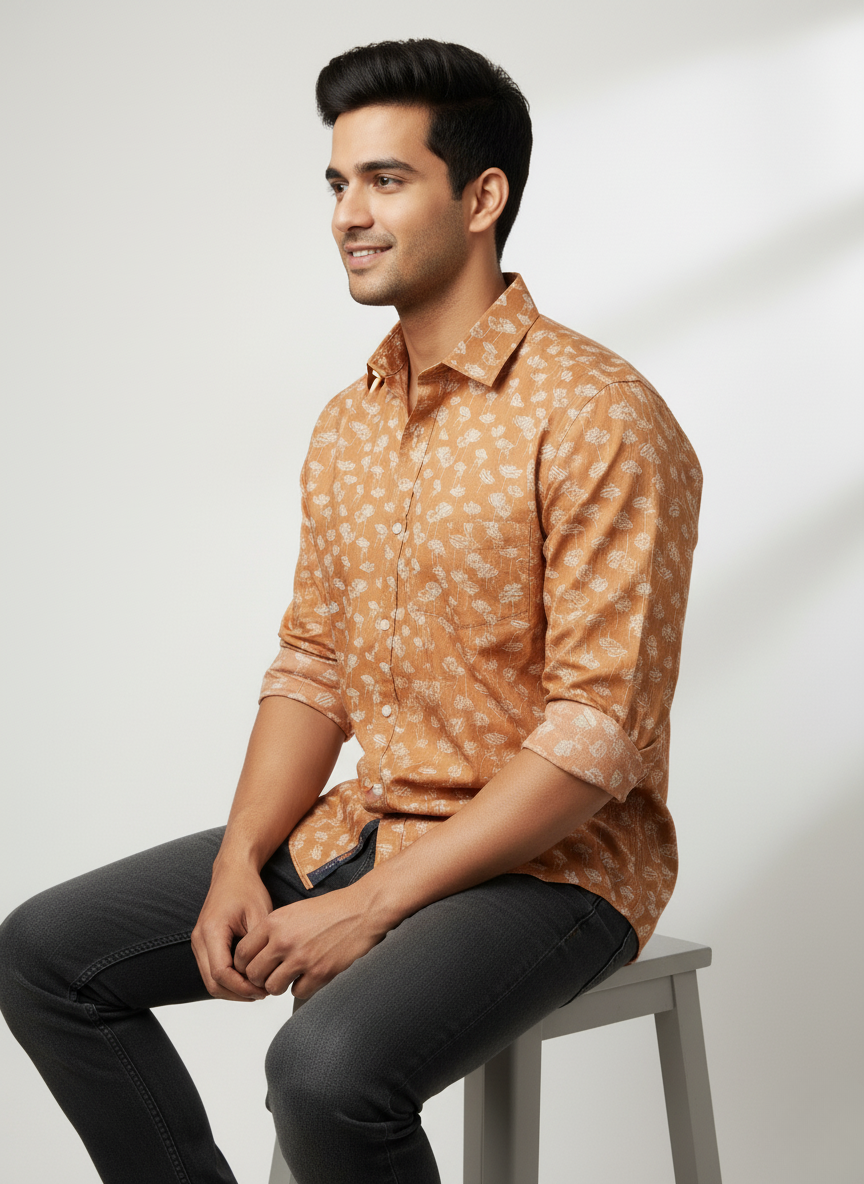 Rare Rabbit Alkaline Floral Print Shirt (Rust Brown & White)