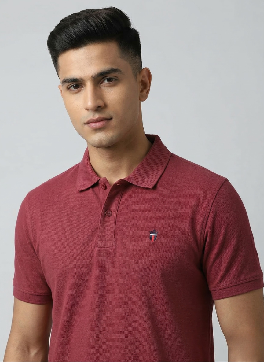 Louis Philippe Men’s Solid Red Polo Collar T-Shirt
