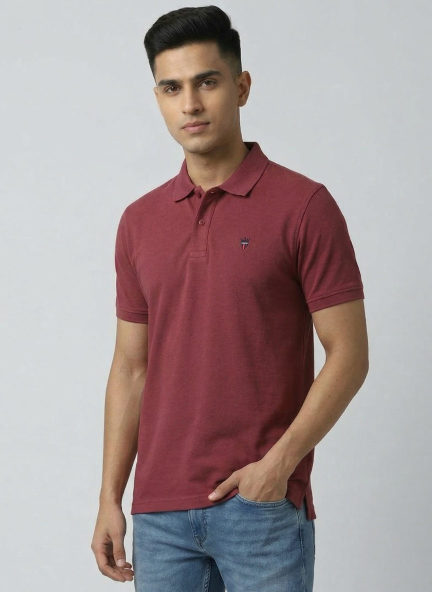 Louis Philippe Men’s Solid Red Polo Collar T-Shirt