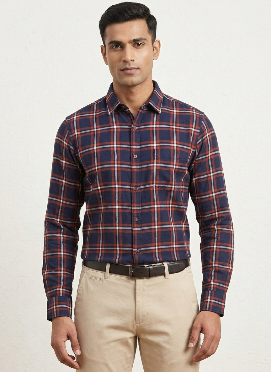 Metronaut Men’s Navy Blue & Rust Orange Plaid Casual Shirt - Full Sleeves