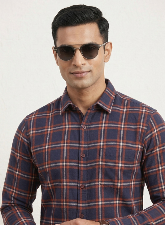 Metronaut Men’s Navy Blue & Rust Orange Plaid Casual Shirt - Full Sleeves