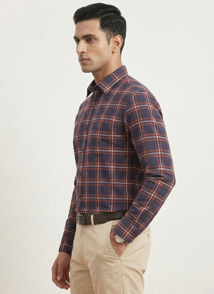 Metronaut Men’s Navy Blue & Rust Orange Plaid Casual Shirt - Full Sleeves