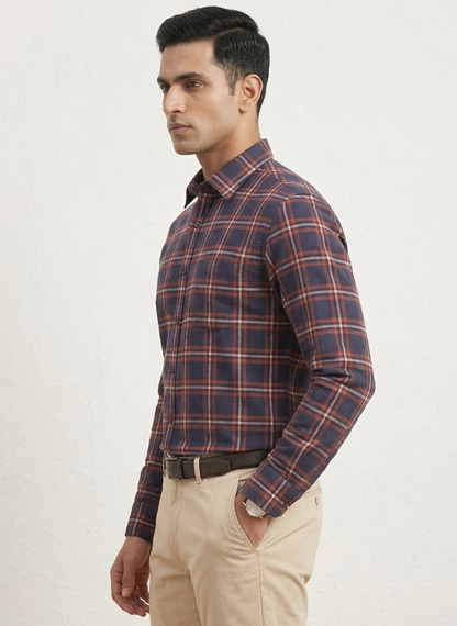 Metronaut Men’s Navy Blue & Rust Orange Plaid Casual Shirt - Full Sleeves