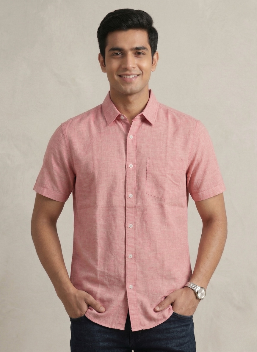 Metronaut Men’s Dusty Red Short Sleeve Casual Shirt - Slim Fit & Solid Color