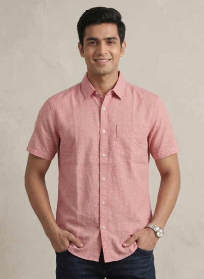Metronaut Men’s Dusty Red Short Sleeve Casual Shirt - Slim Fit & Solid Color
