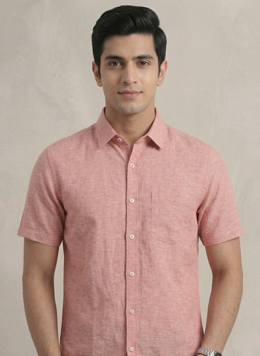 Metronaut Men’s Dusty Red Short Sleeve Casual Shirt - Slim Fit & Solid Color