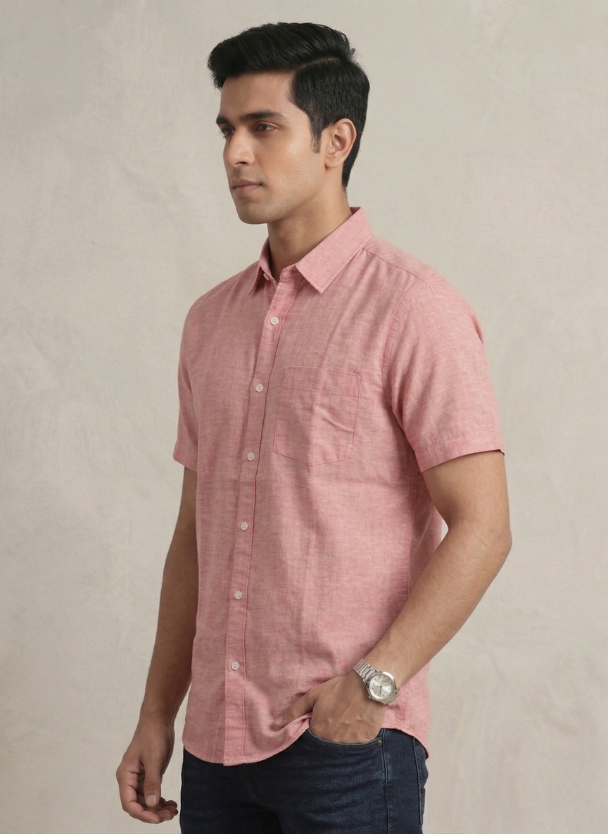Metronaut Men’s Dusty Red Short Sleeve Casual Shirt - Slim Fit & Solid Color
