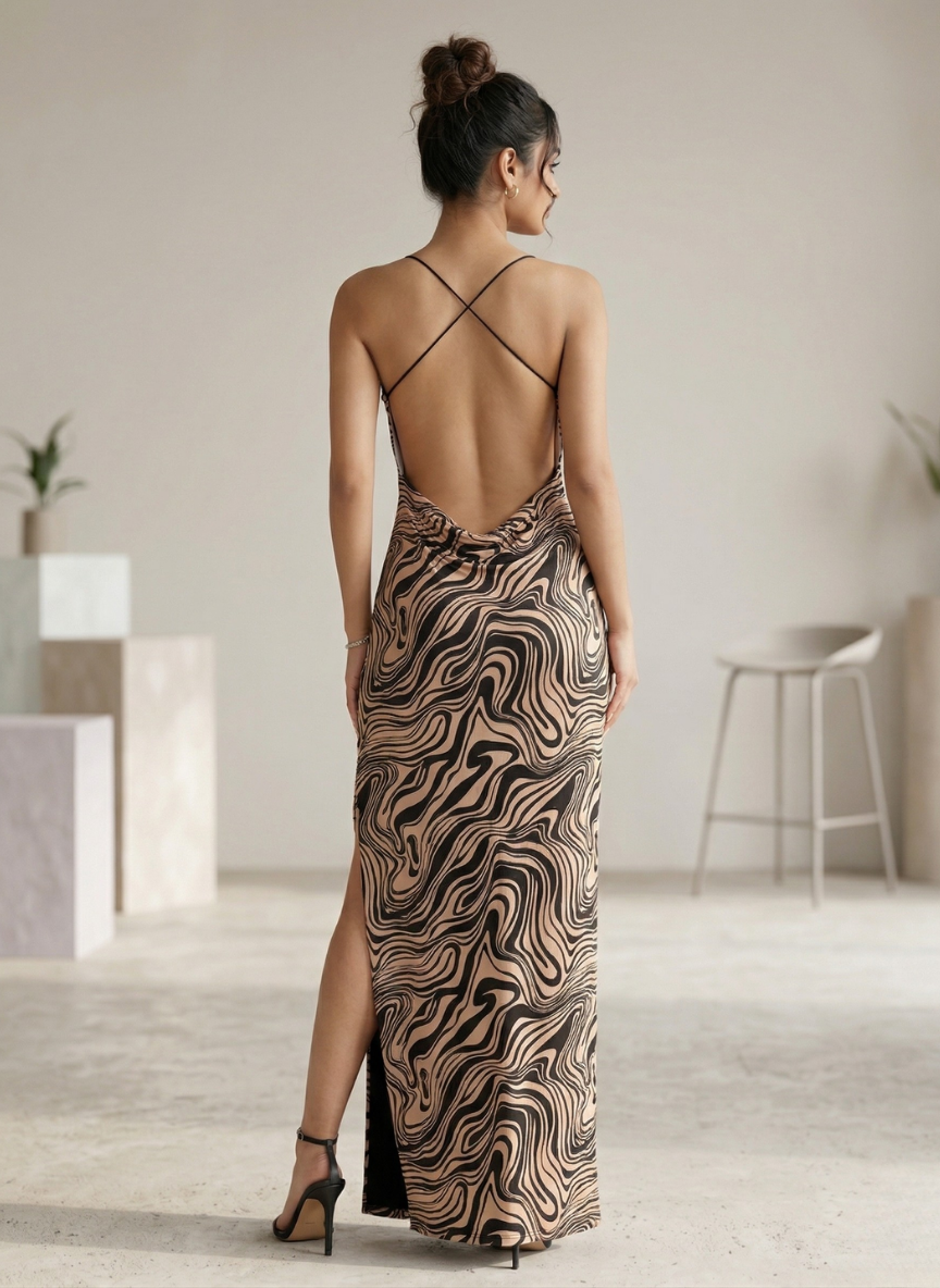 Style Cast Women's Black & Beige Swirl Print Backless Maxi Dress