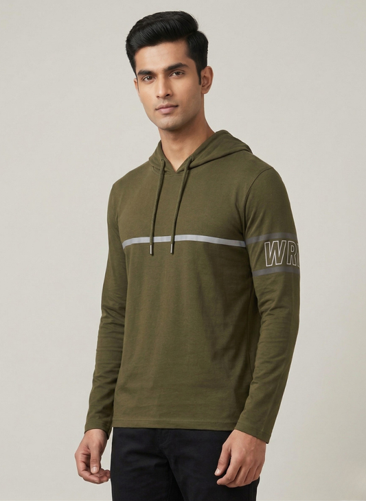 WROGN Men's Olive Green Slim Fit Hooded Long Sleeve T-Shirt