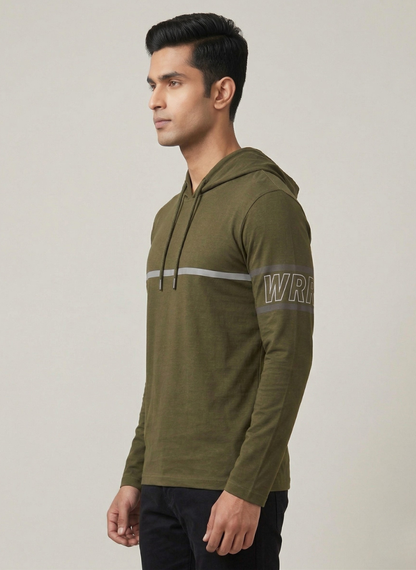 WROGN Men's Olive Green Slim Fit Hooded Long Sleeve T-Shirt