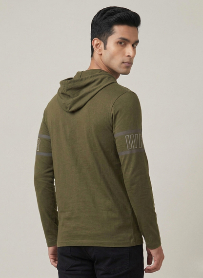 WROGN Men's Olive Green Slim Fit Hooded Long Sleeve T-Shirt