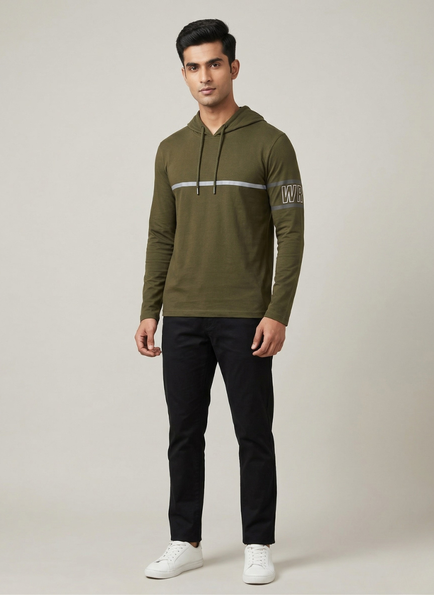 WROGN Men's Olive Green Slim Fit Hooded Long Sleeve T-Shirt
