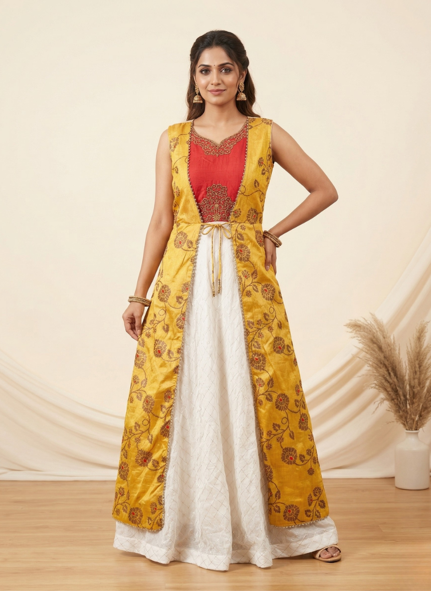 Women's Festive Embroidered Anarkali Gown with Attached Floral Jacket