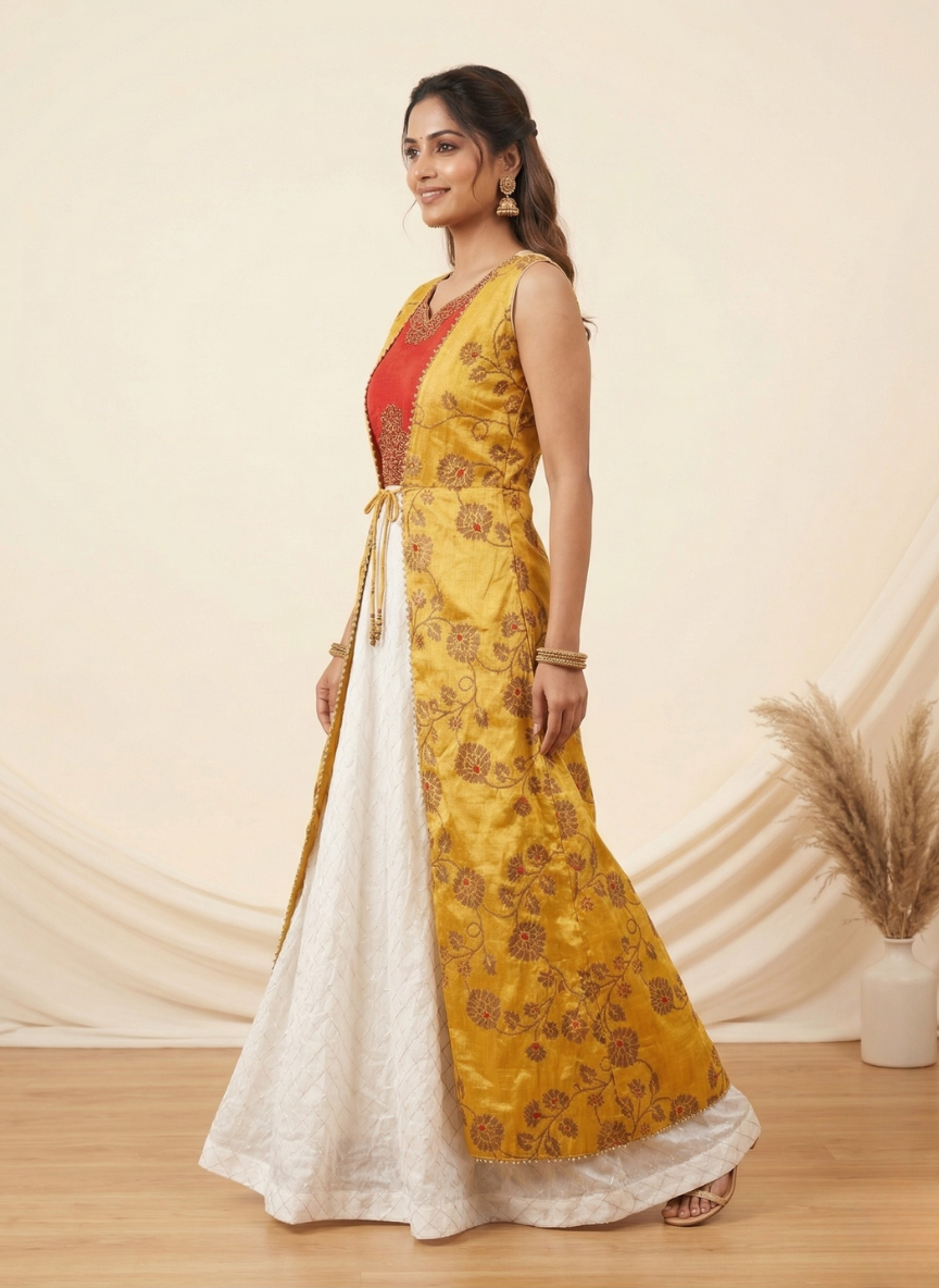 Women's Festive Embroidered Anarkali Gown with Attached Floral Jacket