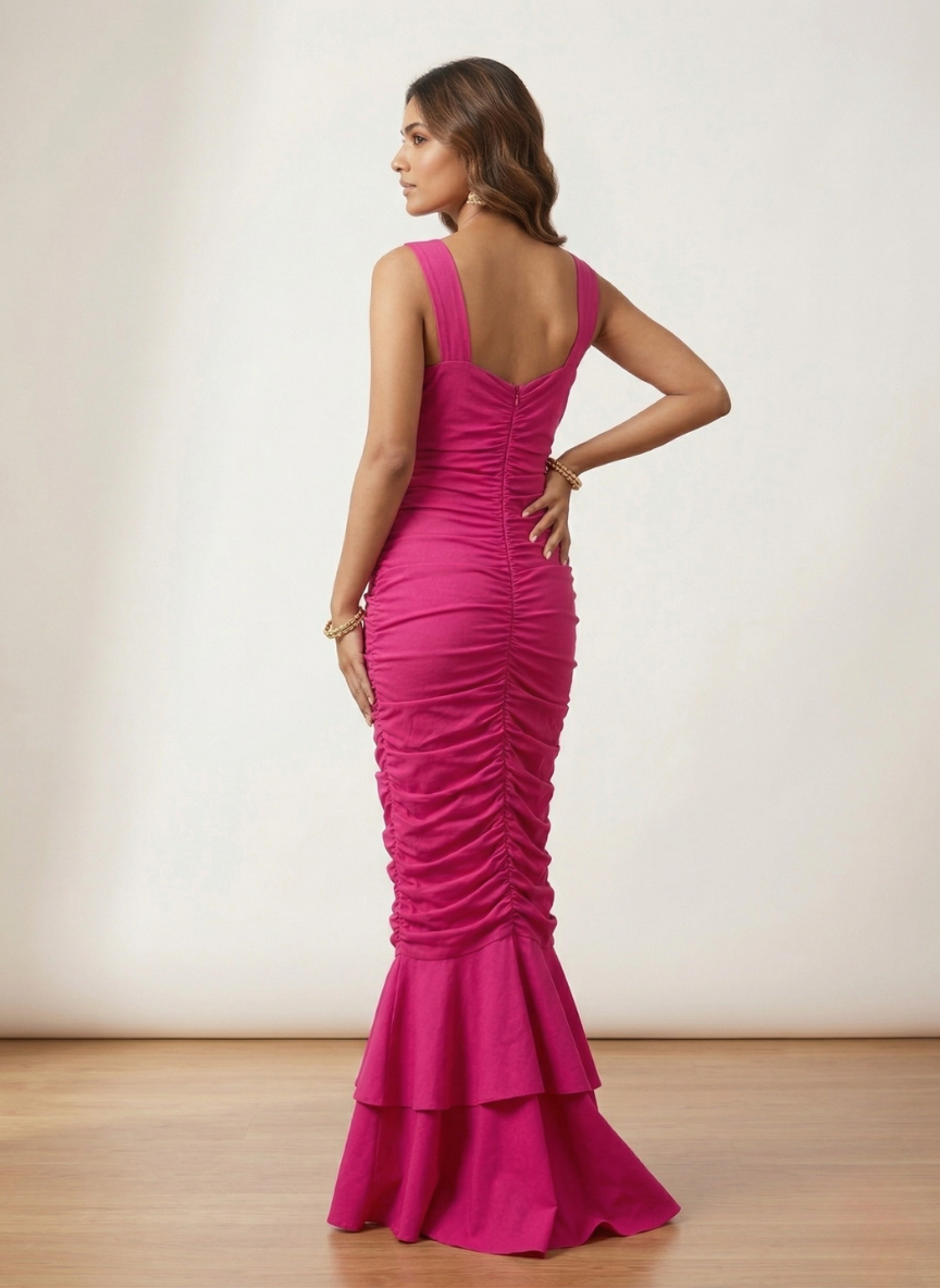 StyleCast Women's Pink Ruched Bodycon Maxi Dress with Ruffled Hem