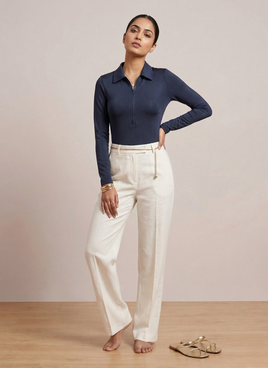 Women's Navy Blue Long Sleeve Quarter-Zip Collar Bodysuit