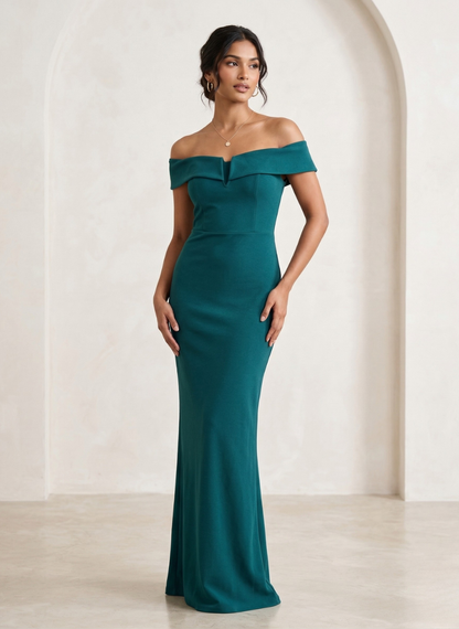 Women's Emerald Green Off-Shoulder Maxi Dress with Sweetheart Neckline