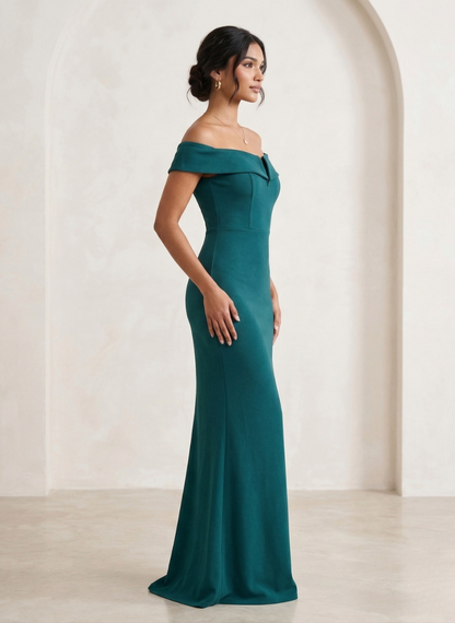 Women's Emerald Green Off-Shoulder Maxi Dress with Sweetheart Neckline