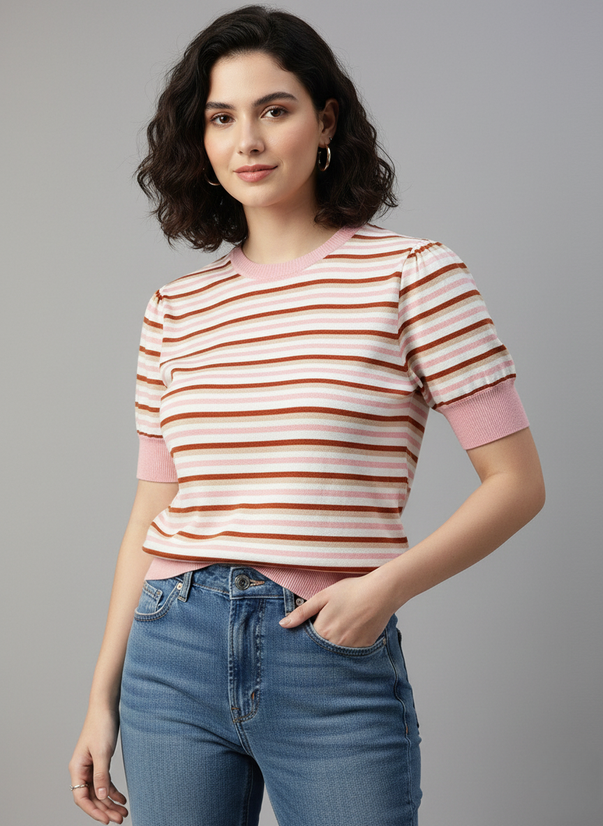 Levi’s Women’s Pink & Brown Striped Knit Top | Short Sleeve Crew Neck Casual Wear